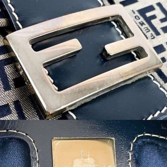 Authentic FENDI Mamma Zucca Bucket Baguette Navy Tan Flap Bag Purse Tote FF - Picture 11 of 13